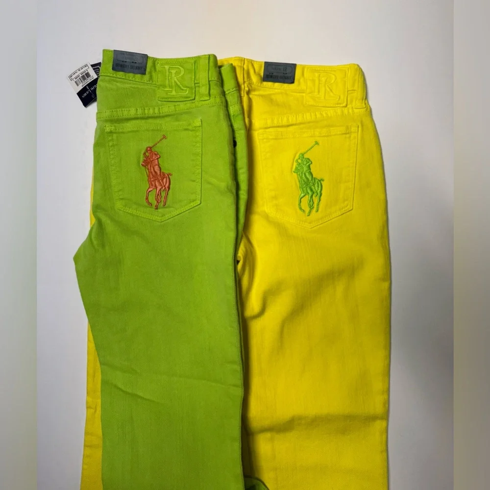 Lot Of 2 Ralph Lauren Bowery Skinny Jeans Girls 12 Big Pony  Yellow /green NWT